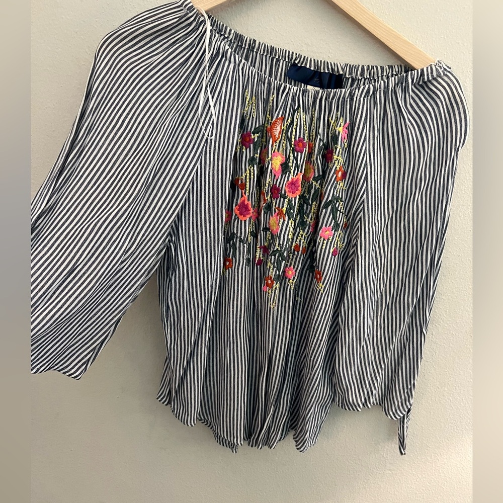 Striped Floral Embroidered Women's Top